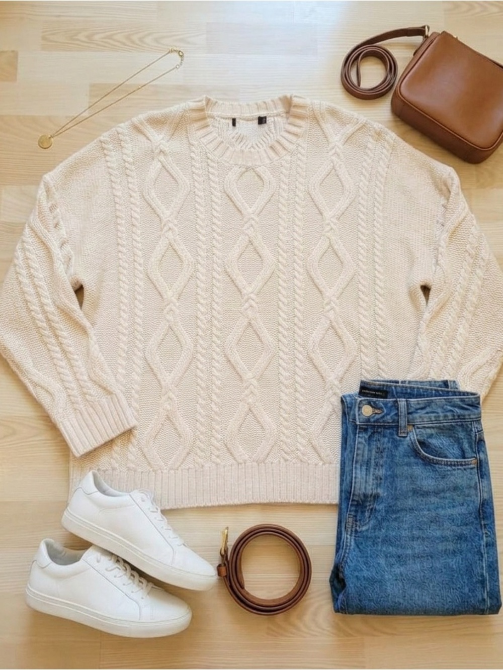 Vintage Cream Cable Knit Mixed Texture Crewneck Oversized Sweater Women’s 3X